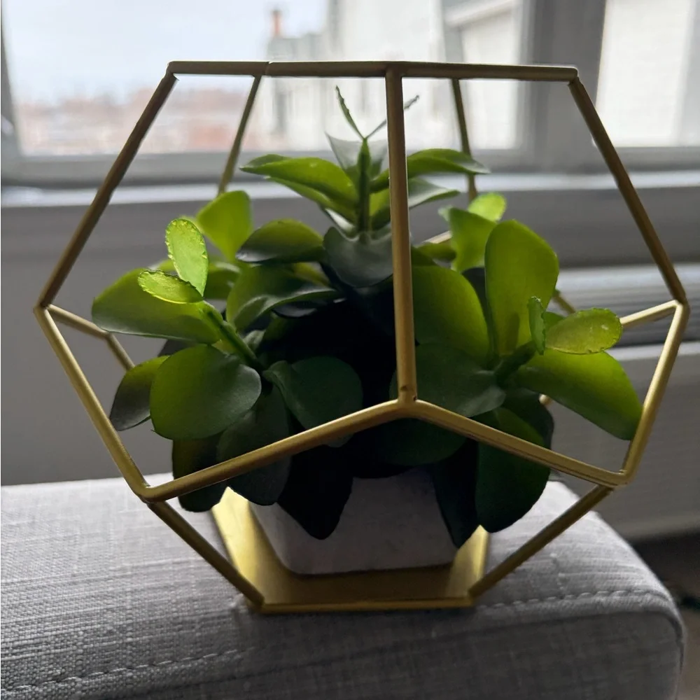 Gold Geometric Planter with Green Faux Succulent - Home Accents